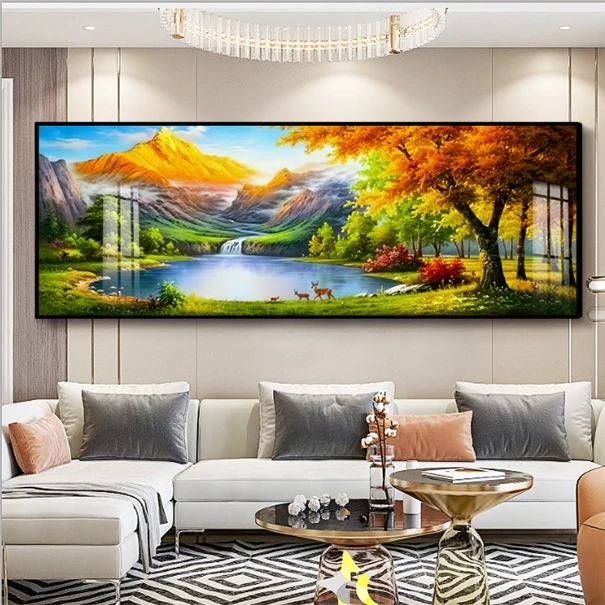 现代简约北日照金山有靠山晶瓷镶钻挂画秋天风景装饰画