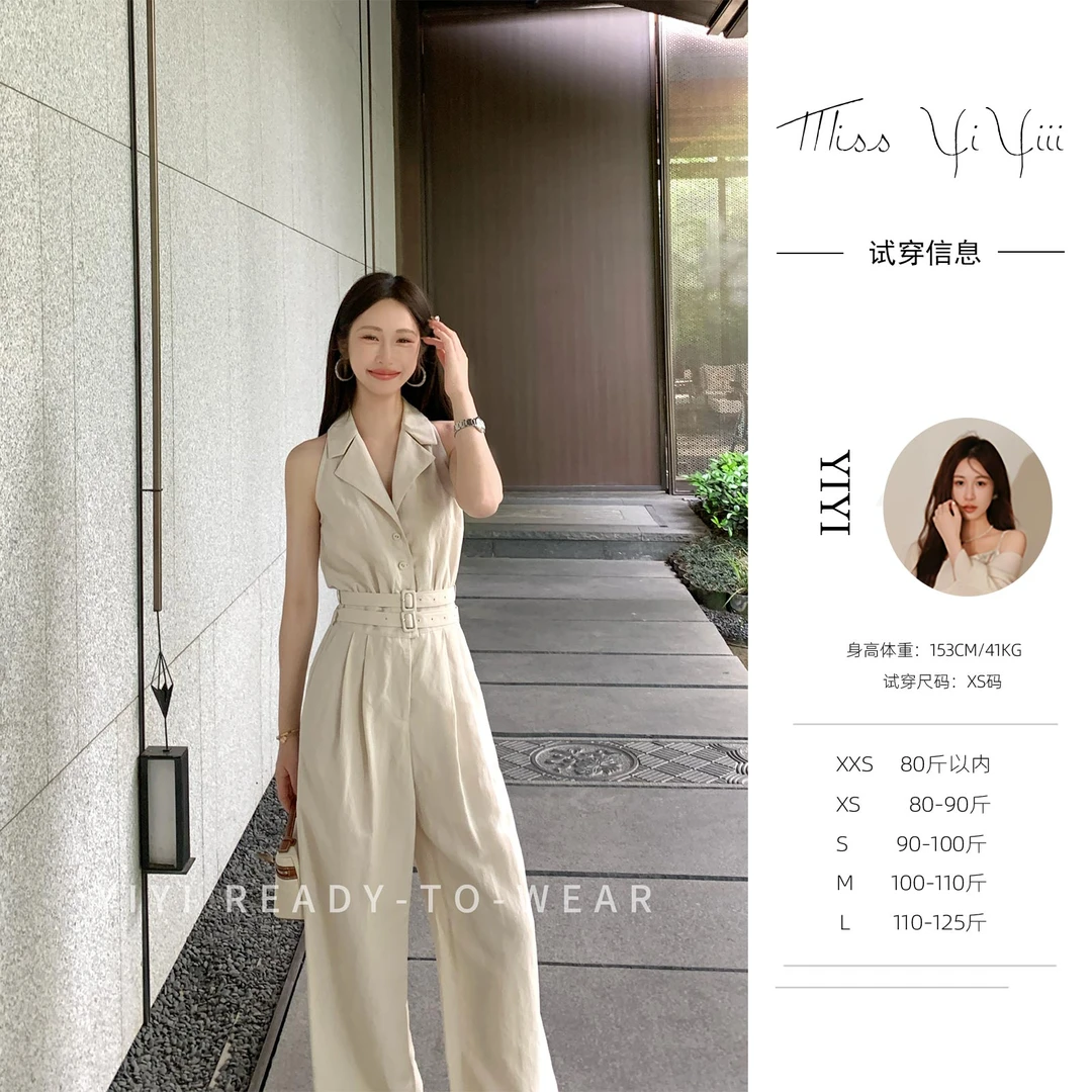 【华尔街头】<YiYiii>复古平驳领高腰连体裤小个子无袖显瘦阔腿裤