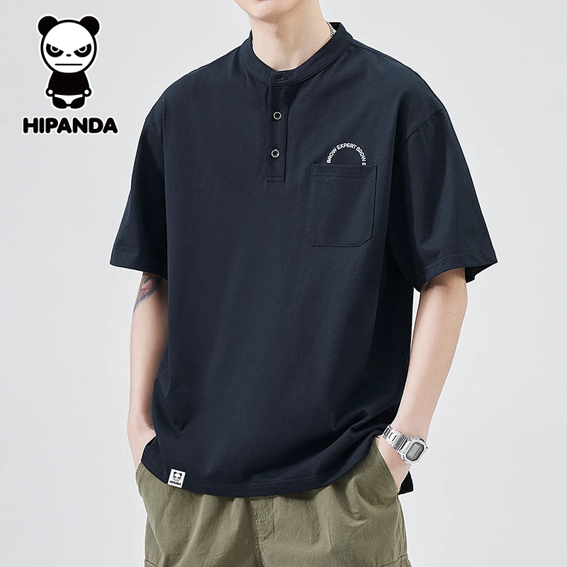 Hi Panda你好熊猫纯棉短袖t恤男夏季薄款纯色宽松休闲半袖上衣服
