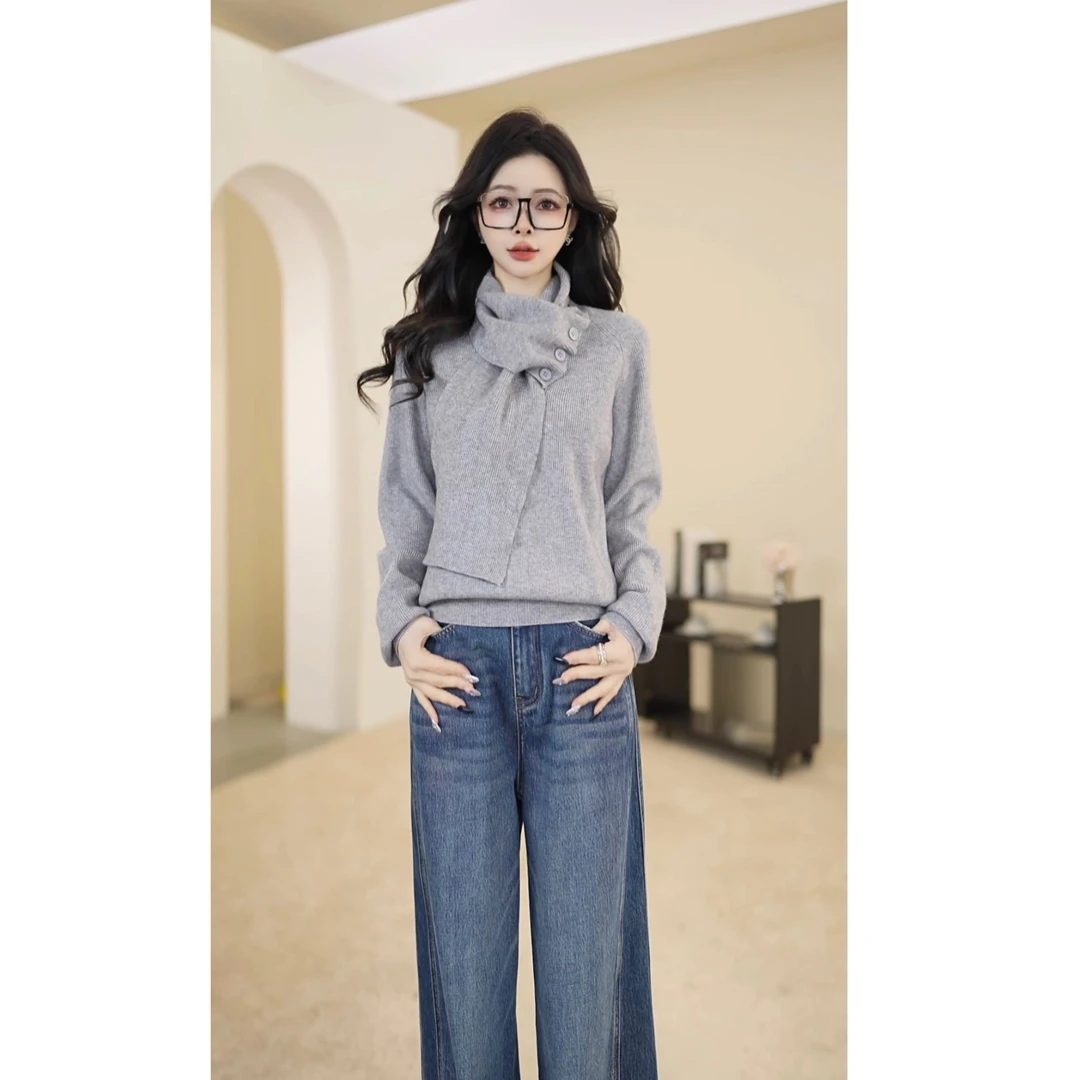 Jamor26早春新款设计感时尚减龄显瘦可拆卸长袖毛针织衫