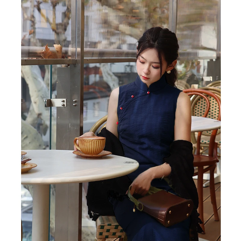 （慕青）无袖旗袍120长单层改良新中式连衣裙少女年轻款日常