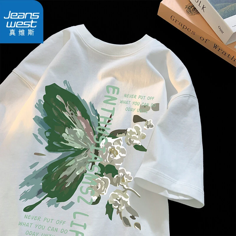 真维斯复古风潮牌短袖t恤男百搭上衣宽松潮流印花男装体恤潮流潮