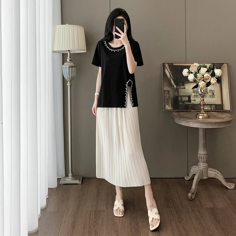 黑色小香风T恤半身裙两件套女2025年夏季新款时尚独特绝美套装裙
