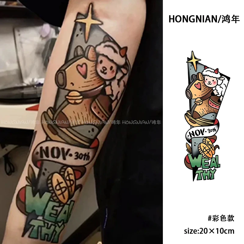 小羊木马纹身贴卡通花臂oldschool拼接防水持久逼真不反光贴纸ins