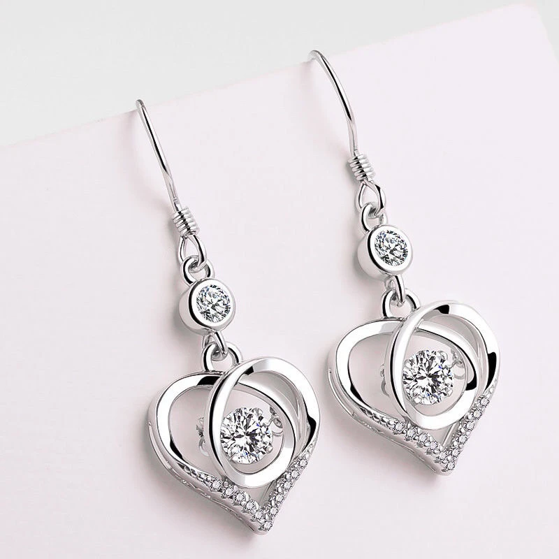 足银耳饰 足银心中有你爱心灵动耳环（粗细耳钩随机）