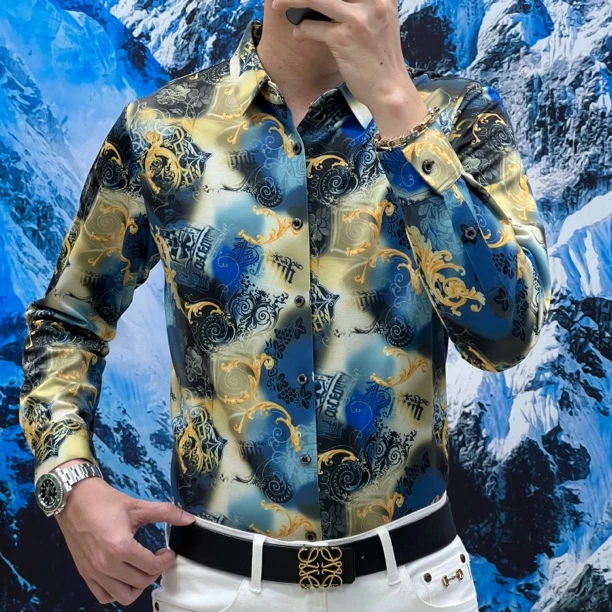 秋季免熨烫抗皱无缝男士桑蚕丝印花商务休闲长袖衬衫