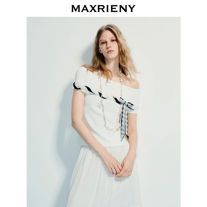 MAXRIENY精致浪漫感修身套头毛针织衫25夏款高级气质感一字肩上衣