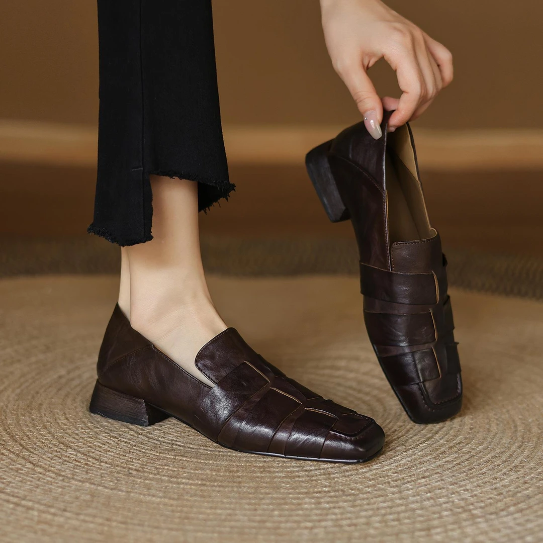 低跟女单鞋深口编织英伦风皮鞋方头2025秋新款粗跟两穿懒人乐福鞋