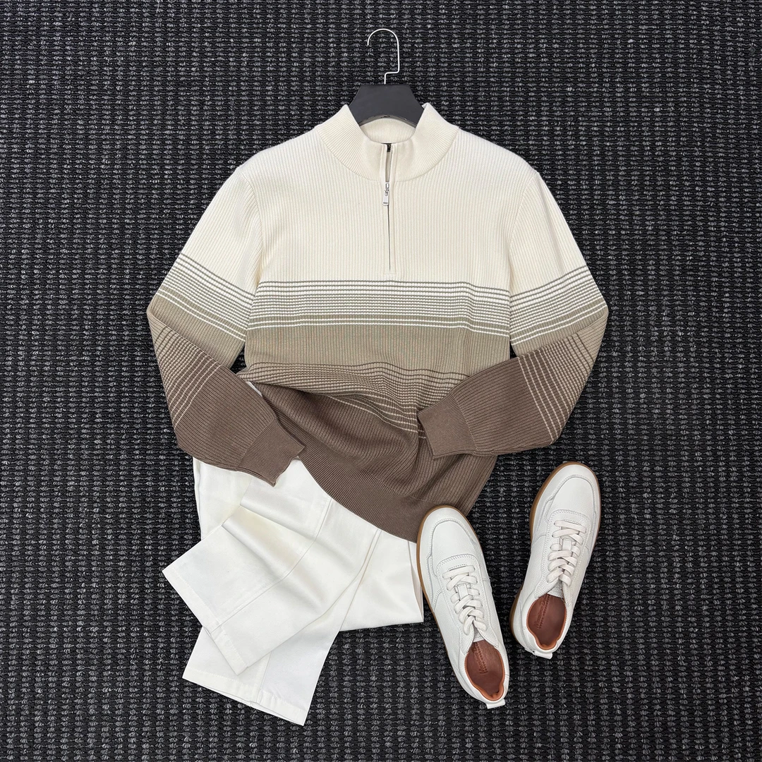 There isrice半拉链毛衣男士保暖秋冬季立领高级感渐变条纹针织衫