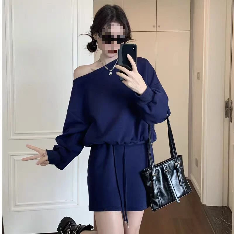 【BEIERHERO.春款上新】美式斜肩卫衣女新款设计感宽松长袖露肩上衣