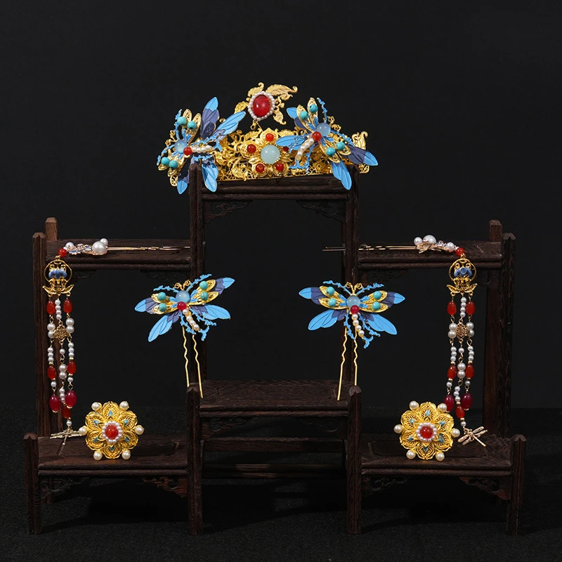 8072古复古发钗汉服发饰发钗蜻蜓点缀头饰国风掩鬓发叉发冠