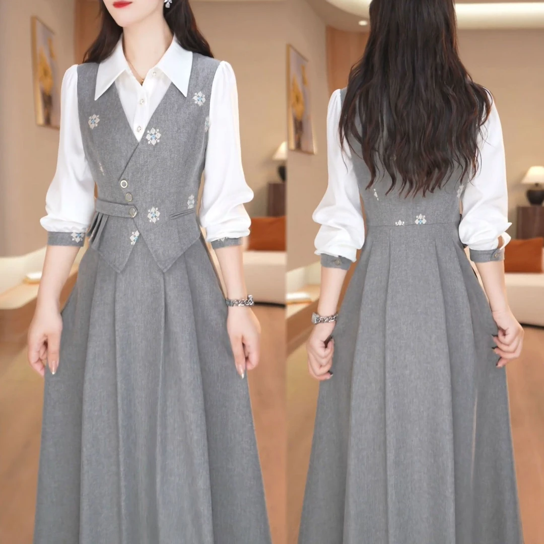 小香风时尚假两件连衣裙女2025秋季新款设计款压褶收腰显瘦过膝裙