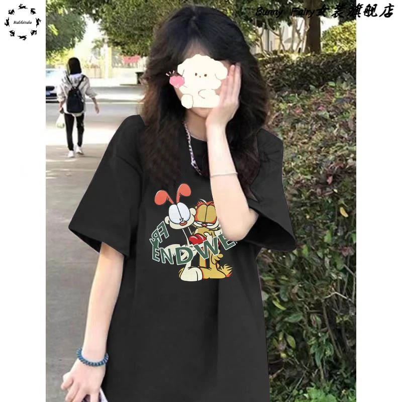 宽松黑色女t恤2025新款夏季正肩短袖遮屁股中长款上衣半袖体恤ins