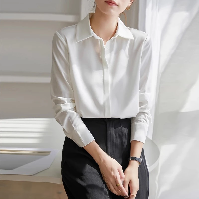白色基础款缎面翻领衬衫女职业休闲通勤百搭叠穿长袖衬衣春秋新款