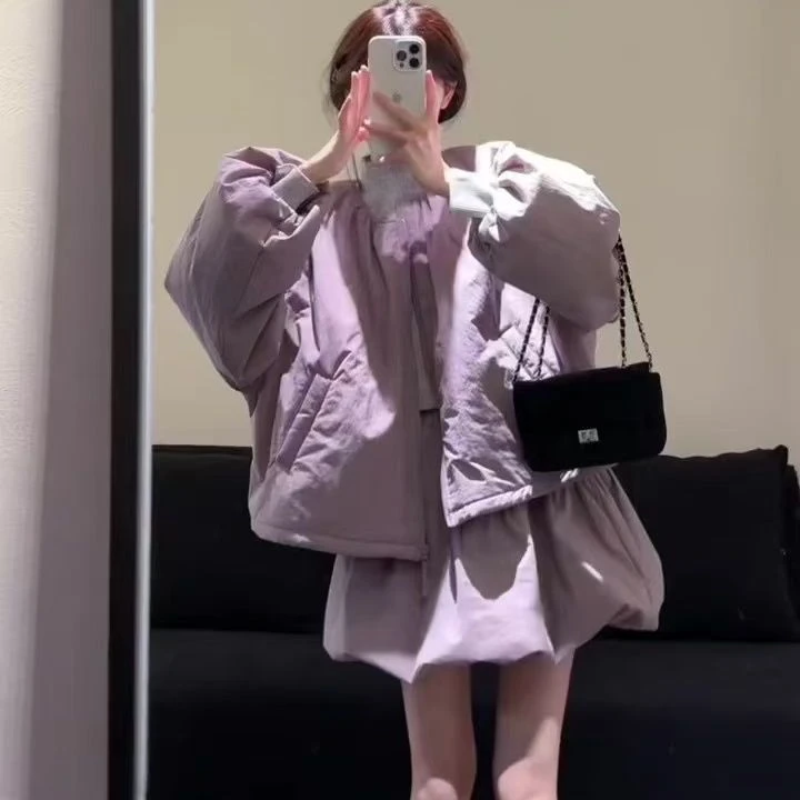 法式气质宽松圆领长袖棉服外套高腰显瘦花苞半身裙两件套秋冬