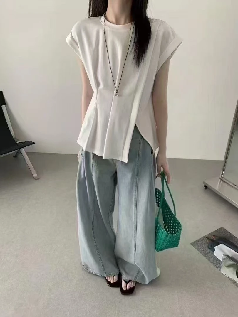 996圆领小飞袖开又翻边短袖T恤法式设计感独特别致绝美上衣女