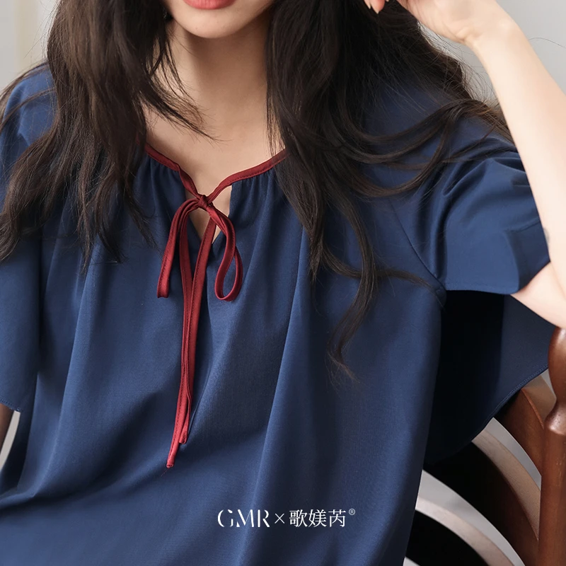 睡衣女款夏季薄款蓝色纯棉短袖短裤夏天套装家居服休闲纯色可外穿