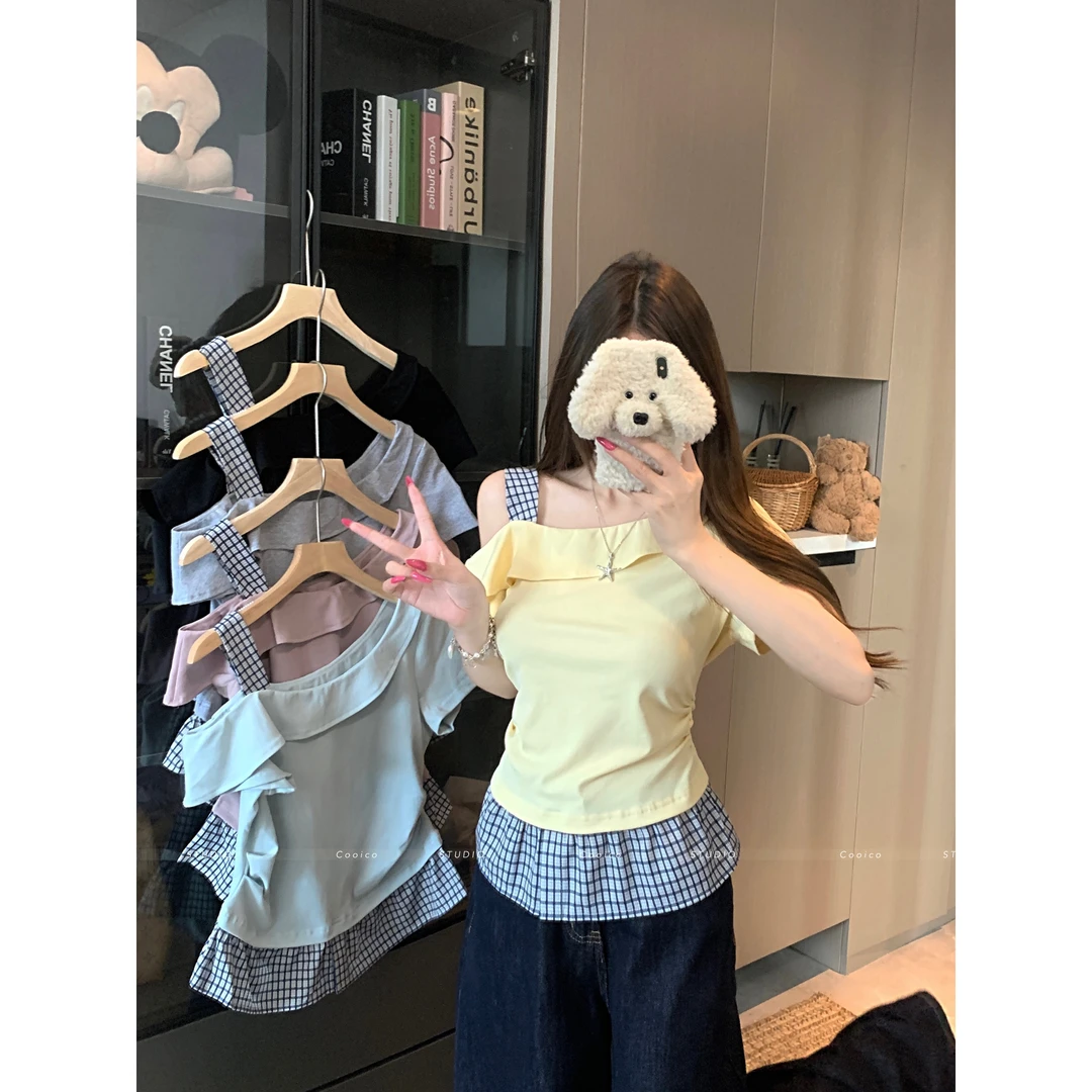 【佳佳】欧若风2025夏季新款设计感不规则上衣修身显瘦短袖T恤女