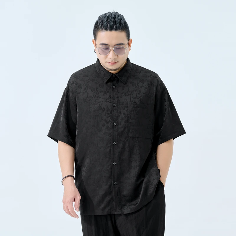 半墨大码男装新中式衬衫男士短袖缎面复古提花衬衣胖子加大码0233