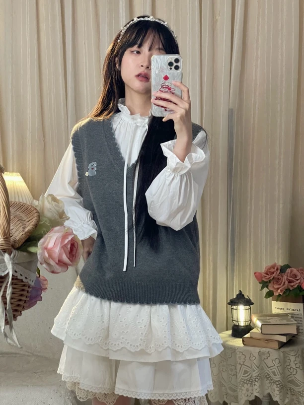 柒｜【学院小熊】无袖马甲时尚针织韩系V领纯色套头马夹学院风