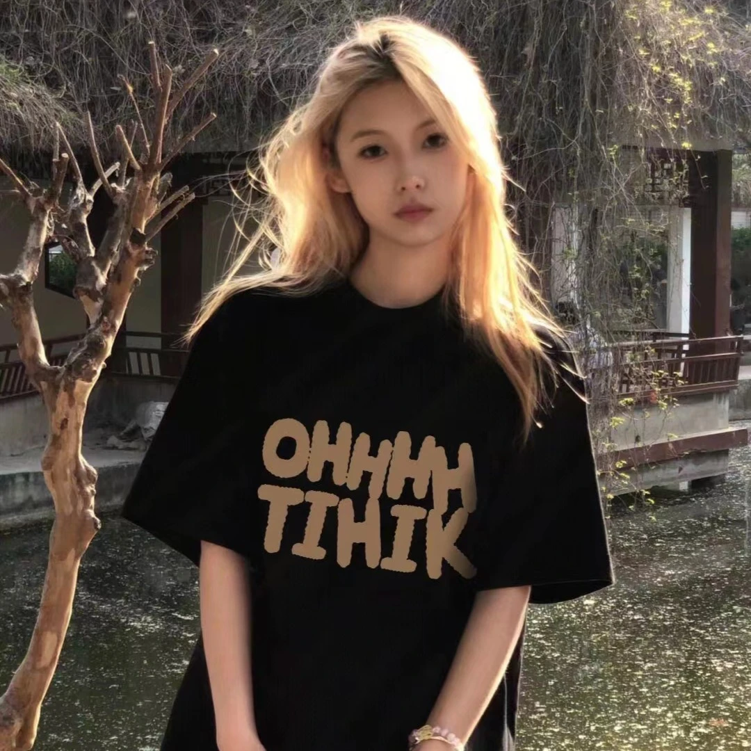 国潮美式落肩t恤女春夏季2024新款宽松显瘦小众设计感炸街女