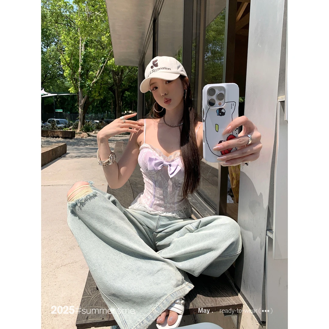SUNONEONE 紫色百搭纯欲两穿上衣女夏季蕾丝蝴蝶结抹胸吊带D0181D