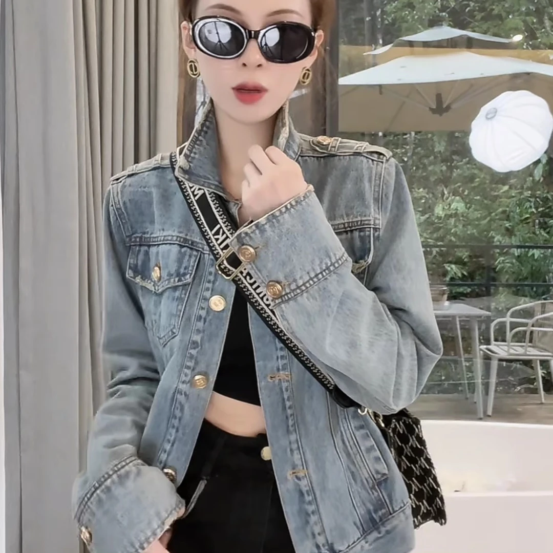 港风覆古金扣牛仔外套女2025春秋新款时尚百搭设计感小众短款上衣