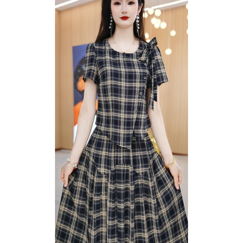 现货【上下套装】夏季新款圆领格纹短袖时尚两件套套装裙M-4XL