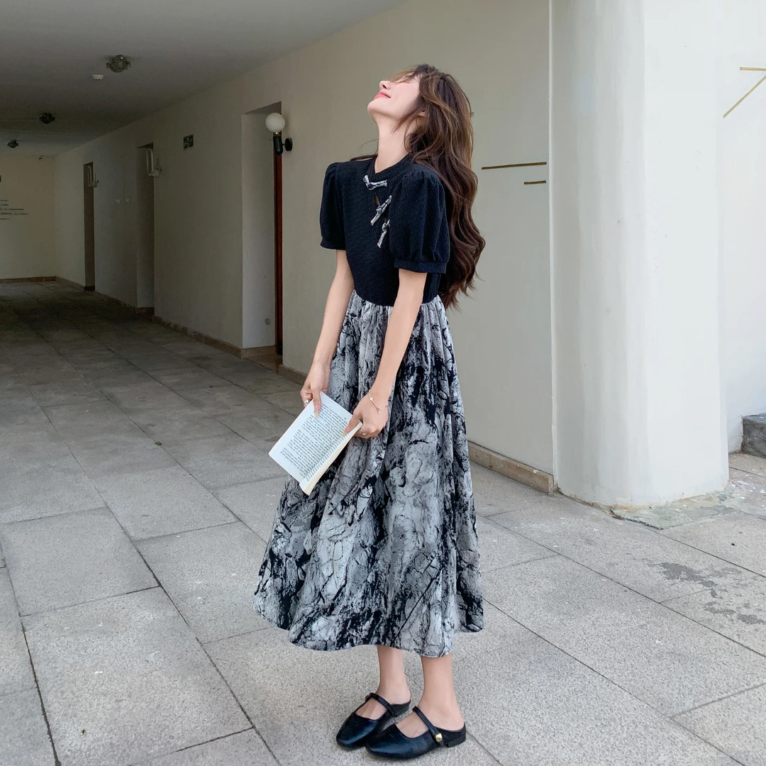 黑色国风拼接新中式高级感连衣裙女2025夏季新款盘扣水墨改良旗袍