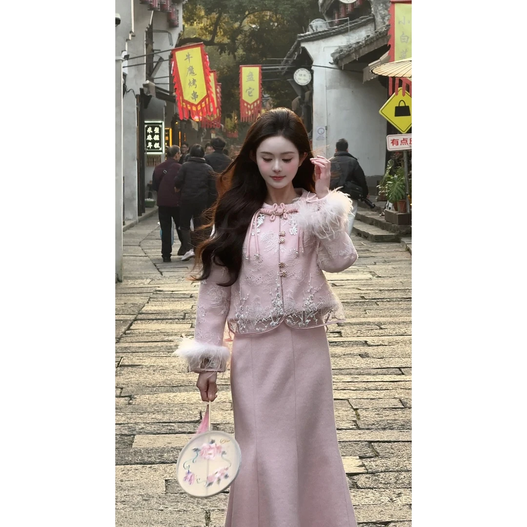 【岁岁无忧】<77>新中式蕾丝假两件羽绒外套+半裙XMZH5537