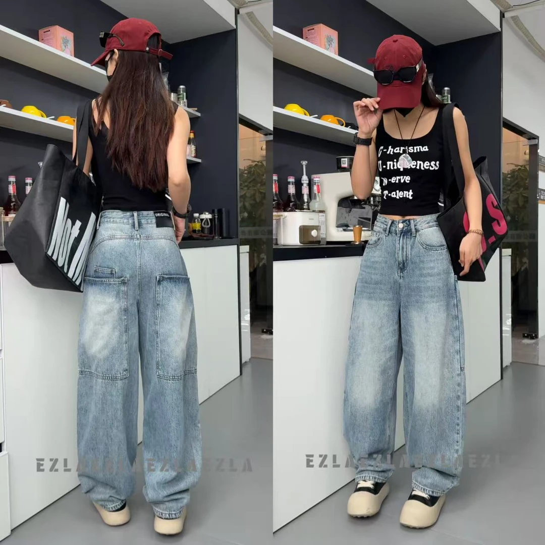 EZ8528-夏季新款超大号口袋设计感无弹水洗弯刀老爹堆堆裤