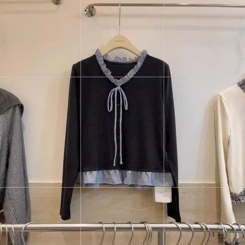 减龄蝴蝶结撞色V领长袖T恤女秋季新款设计感木耳边拼接巨好看上衣