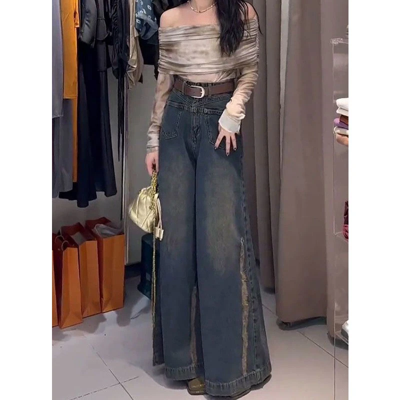 300斤大码女装复古做旧磨破牛仔裤女2025新款高腰遮肉拖地阔腿裤