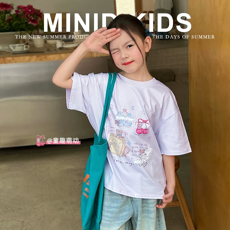 mini旦童装女童短袖T恤夏季新款儿童韩版洋气卡通体恤透气上衣潮
