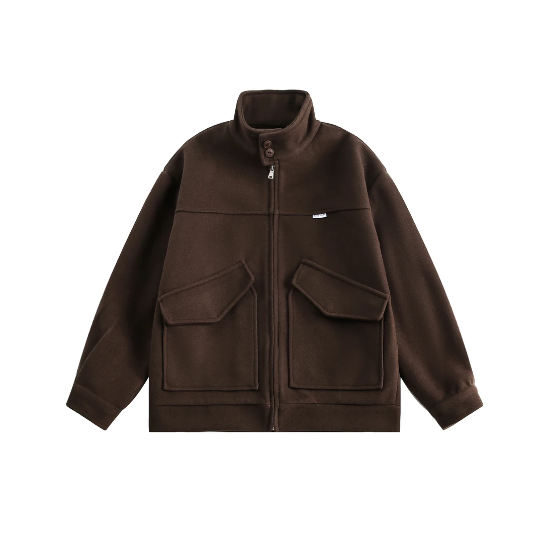 重磅呢料侧边大口袋短款立领美式复古外套夹克-JK042