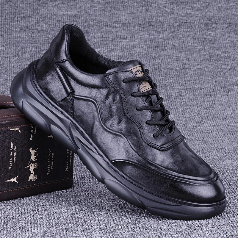 CATIA SELI2025春款运动皮鞋男士头层牛皮厚底休闲皮鞋防滑实心底