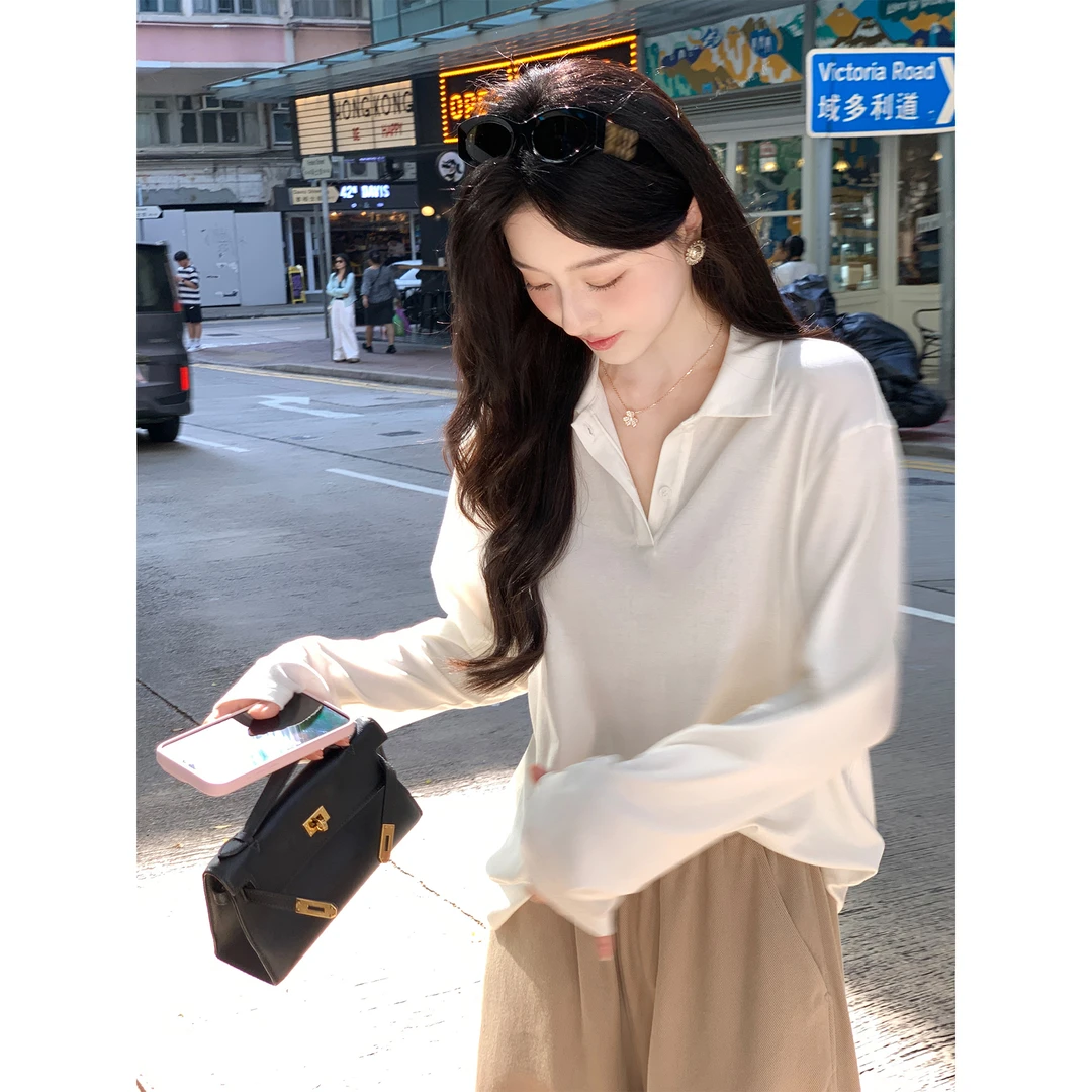 夏诗文 羊毛天丝莱赛尔polo领长袖T恤女秋百搭上衣