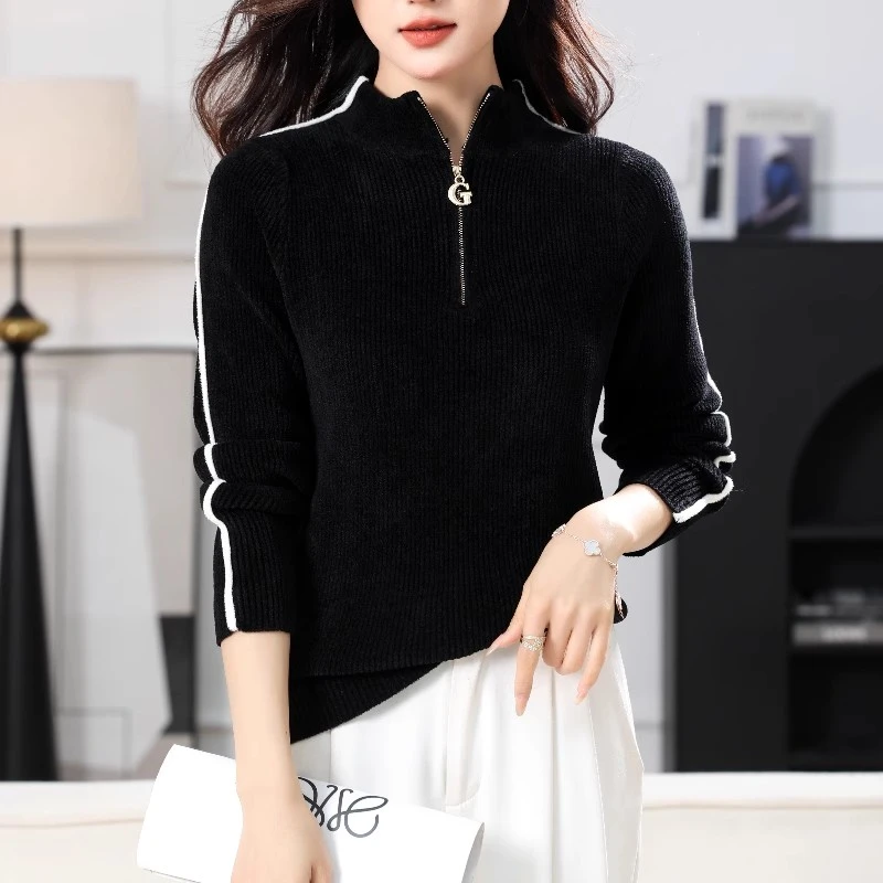 欧货天鹅绒半高领拉链打底衫黑色不起球针织毛衣加厚2025春装新款
