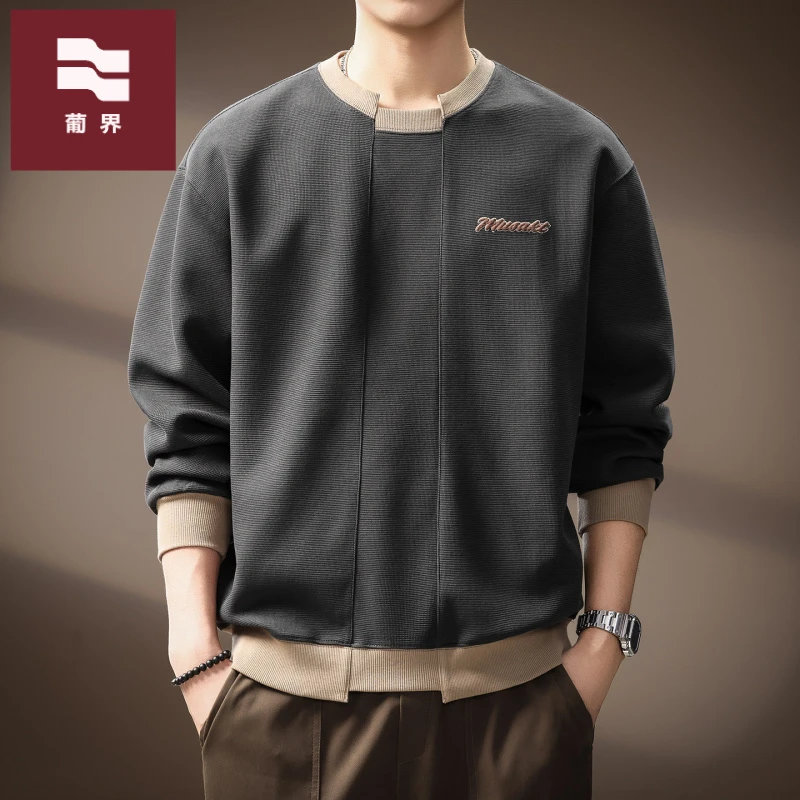 高端美式复古创意拼接设计卫衣男士秋冬新款宽松休闲撞色潮牌上衣