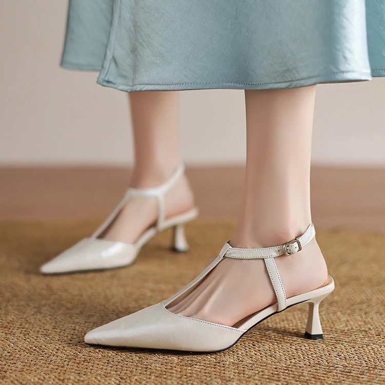 里外纯皮～牛皮5.5cm法式尖头百搭舒适时尚中跟玛丽珍凉鞋夏季细跟