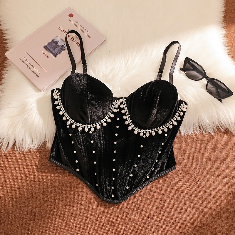 法式复古水钻丝绒鱼骨吊带背心女秋冬内搭性感美背修身抹胸上衣