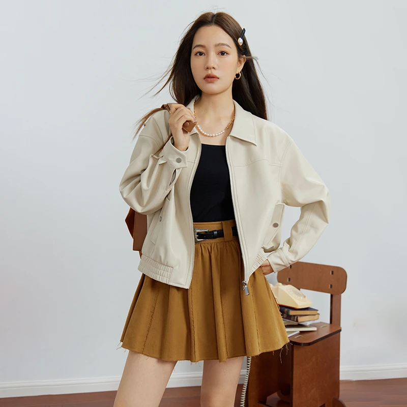 独束微胖MM大码女装经典夹克皮外套港风显瘦休闲皮衣23DS83212