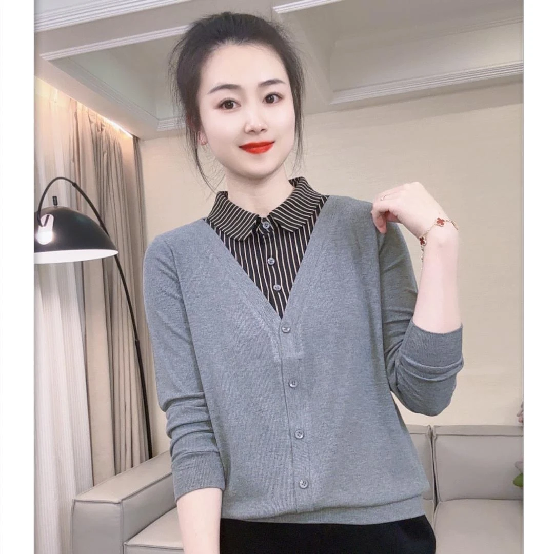 春季新款螺纹棉衬衫领假两件条纹款显瘦气质衬衣针织时尚百搭