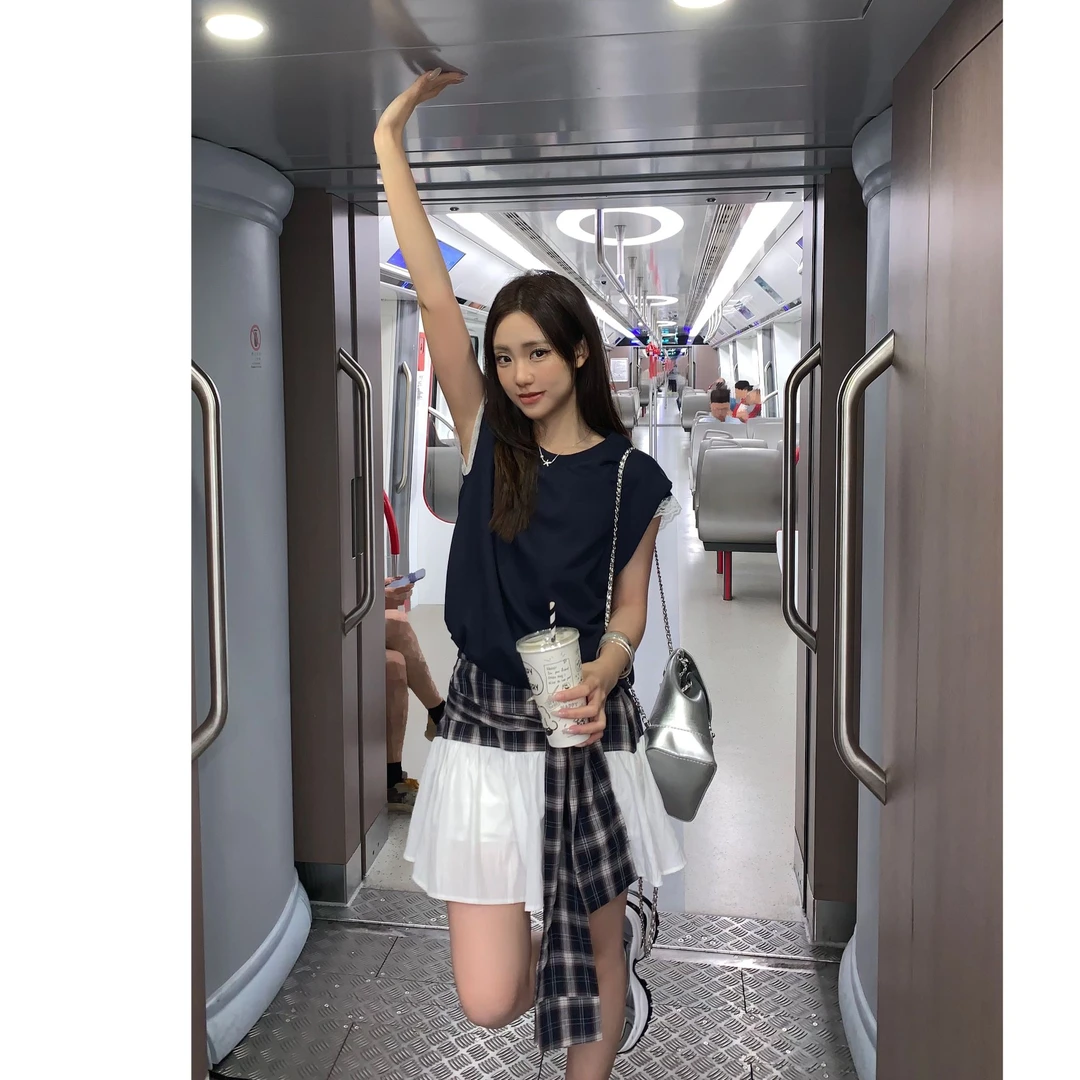 【LINZI】夏季新款蕾丝拼接短袖格子绑带短裙套装58007