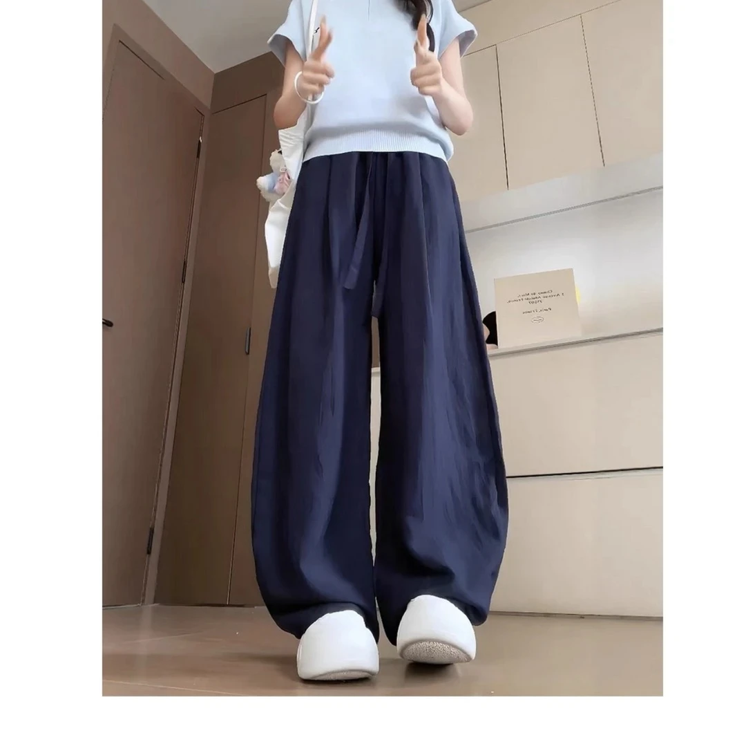 [现货+运补8米]冰丝夏季时尚百搭抽绳松紧简约弯刀裤休闲裤