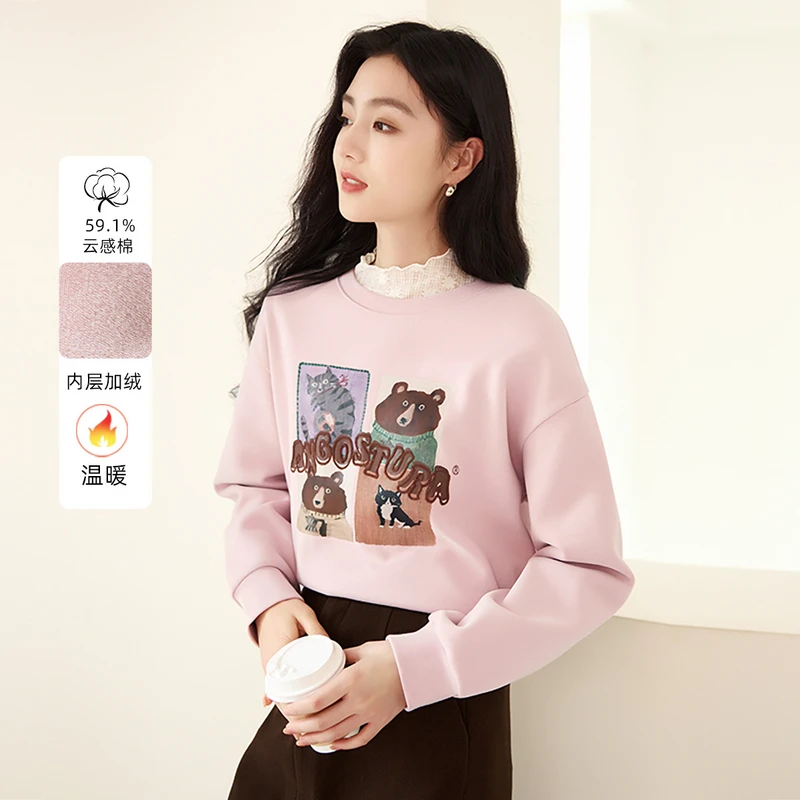 X644702卫衣 香影加绒圆领卫衣女2024秋冬季新款卡通减龄可爱