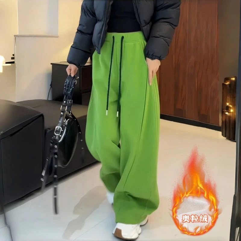 果绿色冬季加绒运动休闲阔腿裤女2026春秋新款宽松显瘦正版弯刀裤