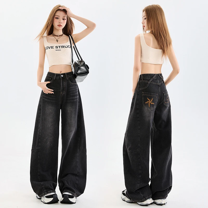 早秋新款加州旧刊复古高腰直筒宽松显瘦牛仔裤女阔腿拖地裤