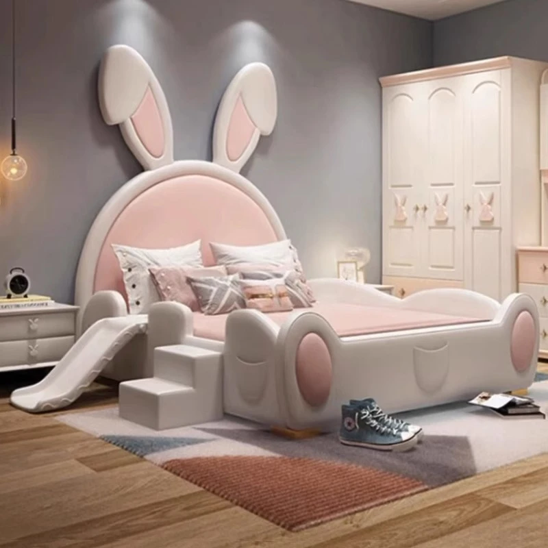 粉色公主女童真皮床兔子圆脚床软包女生卧室床小户型1.5米单人床