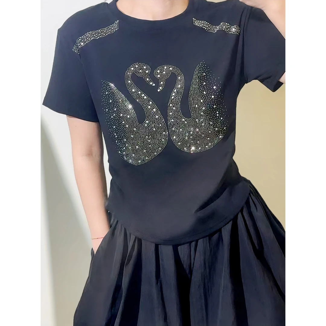 【清仓福利】夏季重工天鹅烫钻新款t恤女装短款短袖1440